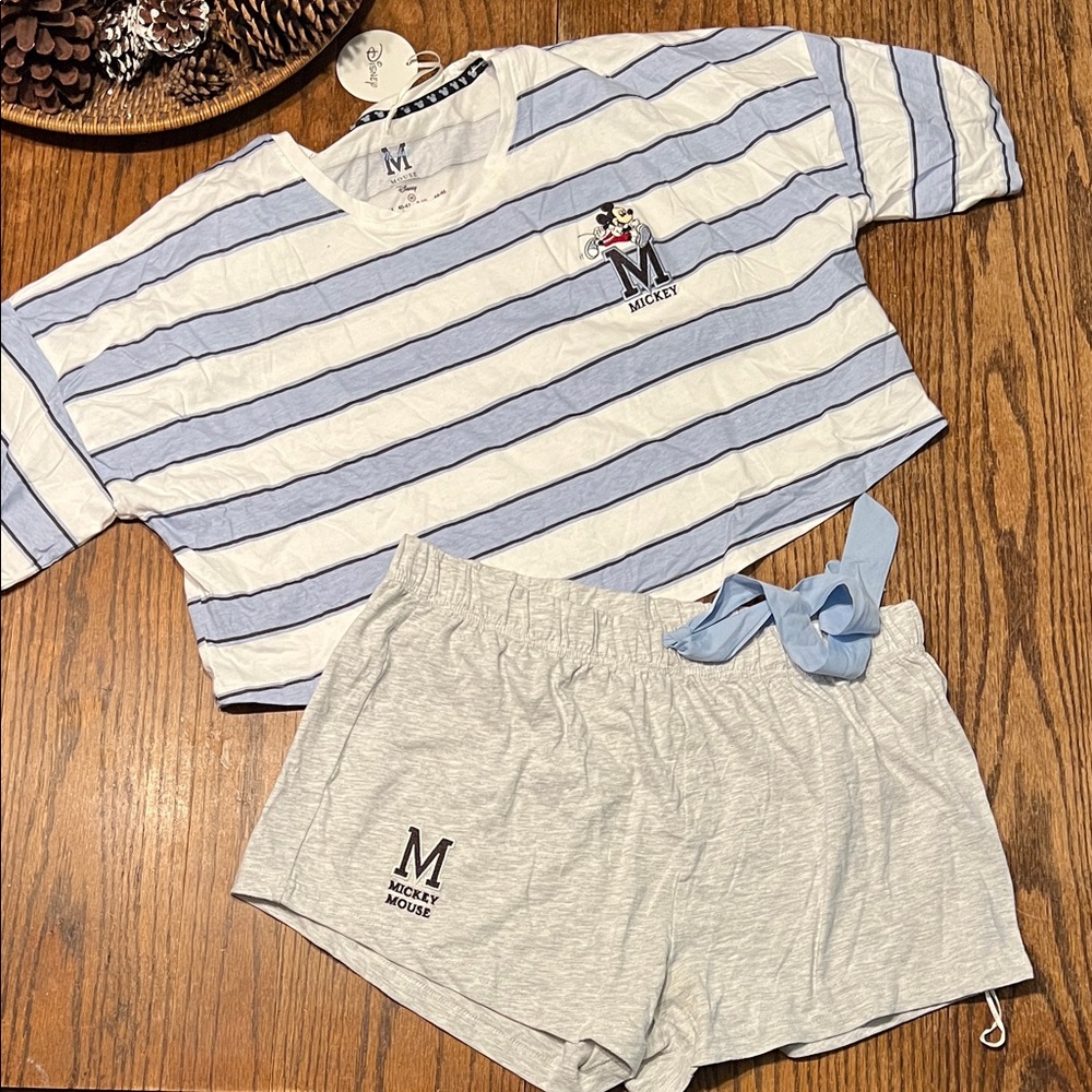 NWT Disney Mickey Mouse Striped Pajama Set in Blue and White